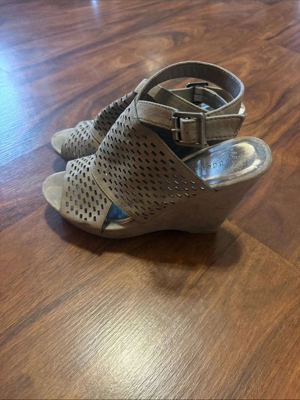 Women’s Taupe Perforated Wedge Sandals - Ankle Strap